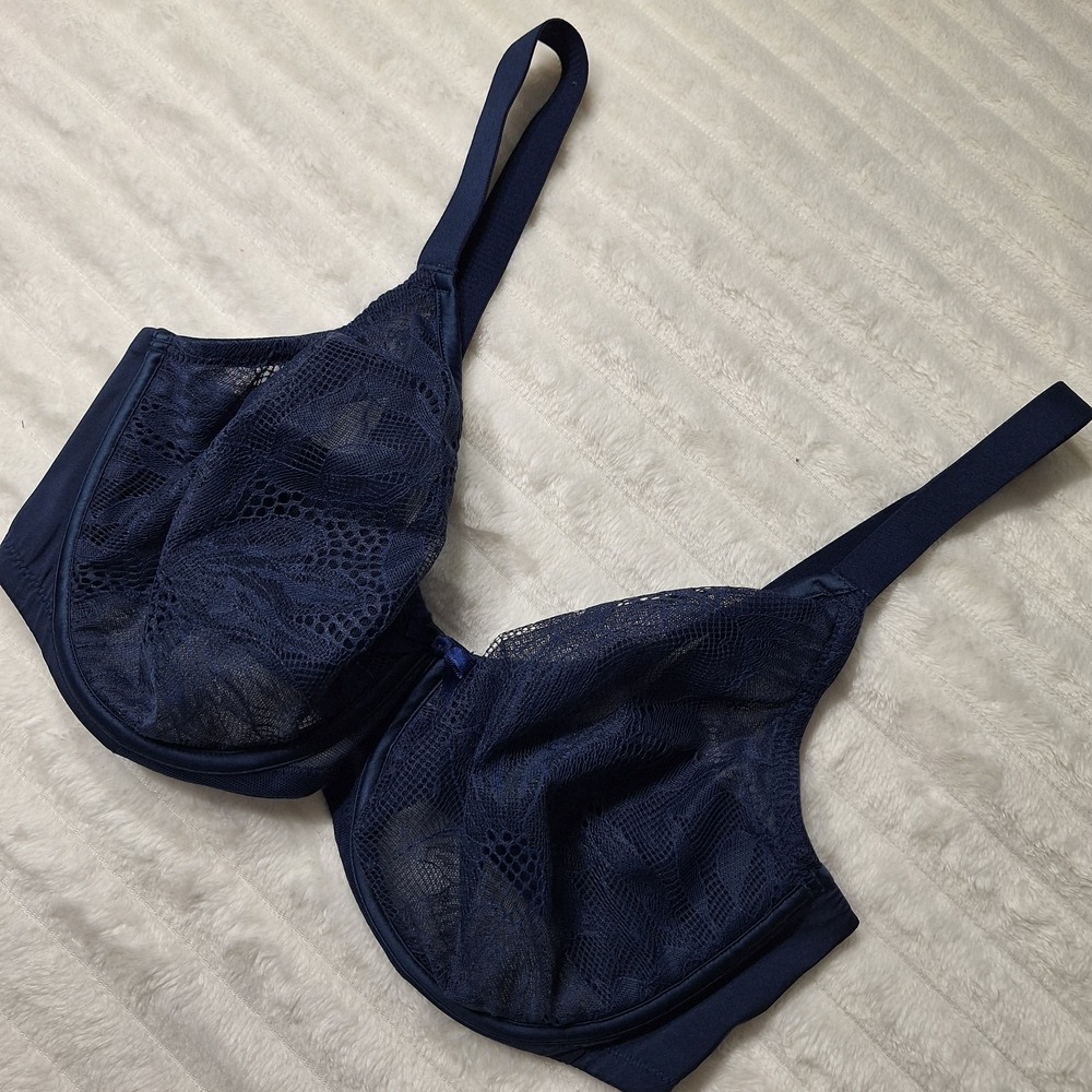 Understance Underwire Unlined Mesh Tshirt Bra Womens 32G Navy Lace‎ Coquette